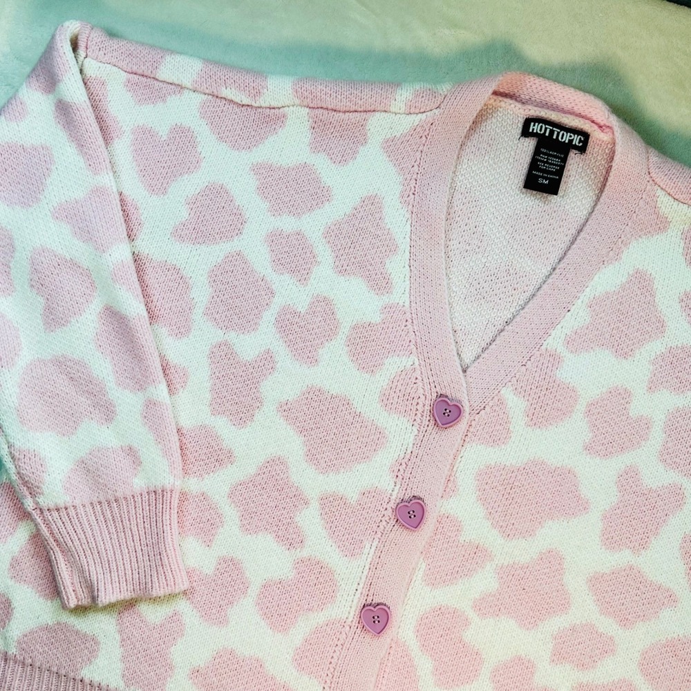 Hot Topic Pink White Heart Cow Print Cardigan Sweater Heart Buttons SM
